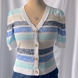 LOFT Striped Pointelle Puff Sleeve V-Neck Cardiagan Top Size S